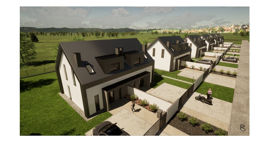 Wizualizacja budynku od lewej strony z góry